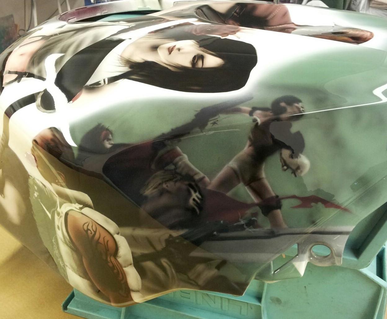 Airbrushed Painting of a CBR600RR Motorbike, in the style of Final Fantasy with Action shot of Vincent Cid and Yuffie